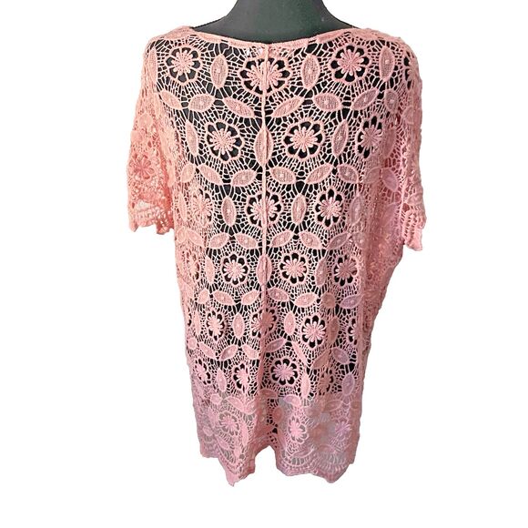 Women's Hand-Knit Crochet Boho Hippie Pink Festival Boat Neck Scallop Trim Top - Picture 4 of 5